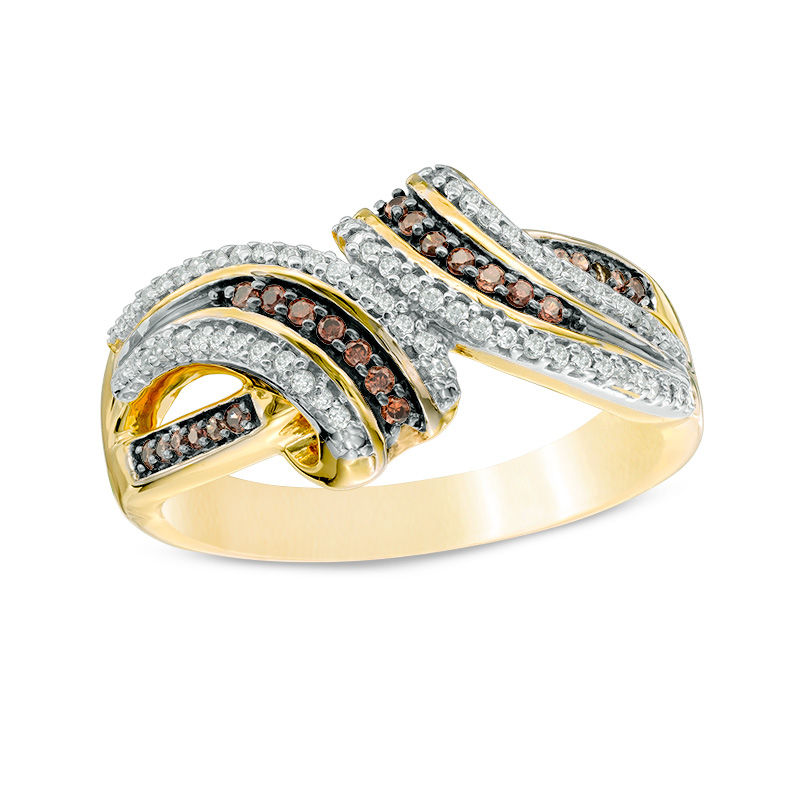 0.23 CT. T.W. Champagne and White Diamond Split Bypass Ring in 10K Gold|Peoples Jewellers