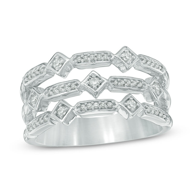 0.18 CT. T.W. Diamond Alternating Geometric Three Row Ring in 10K White Gold|Peoples Jewellers