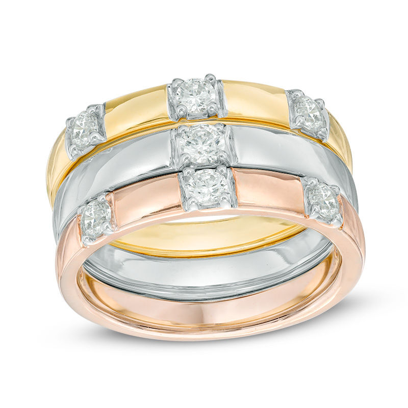 0.45 CT. T.W. Diamond Seven Stone Three Piece Stackable Ring Set in 10K Tri-Tone Gold|Peoples Jewellers