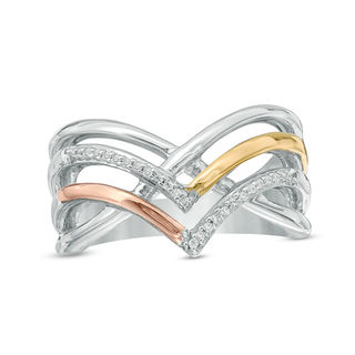 Diamond Accent Crossover Chevron Ring in Sterling Silver and 10K Two-Tone Gold