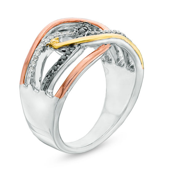 0.15 CT. T.W. Enhanced Black and White Diamond Layered Crossover Ring in 10K Tri-Tone Gold