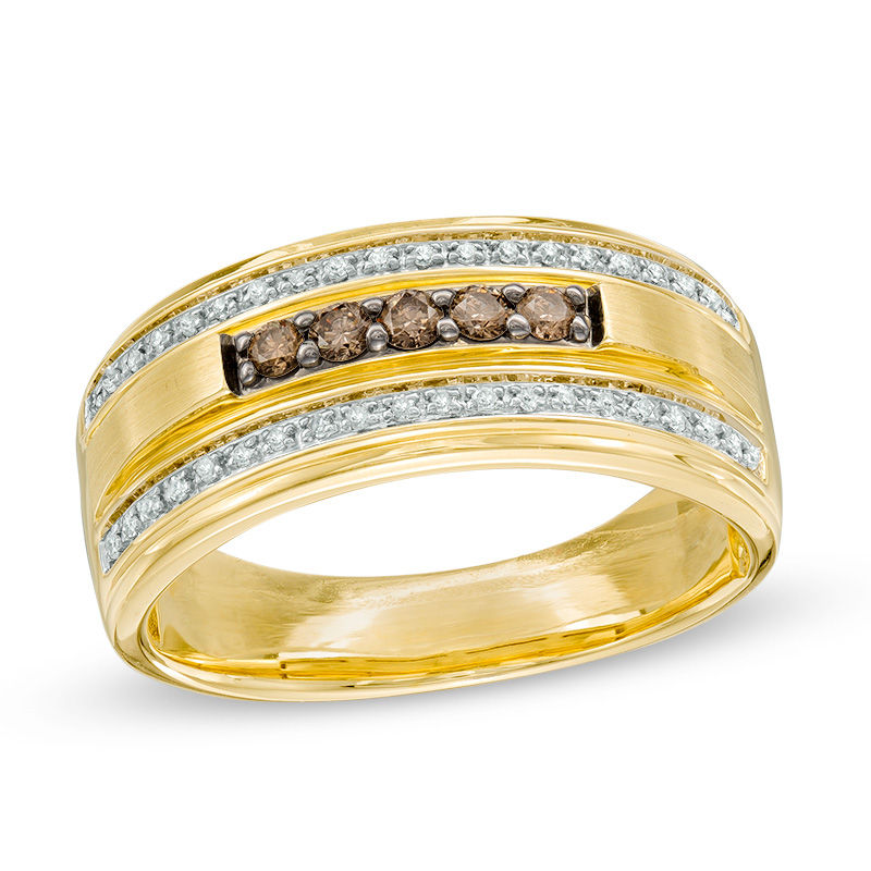 Men's 0.33 CT. T.W. Brown and White Diamond Satin Band in 10K Gold with White Rhodium