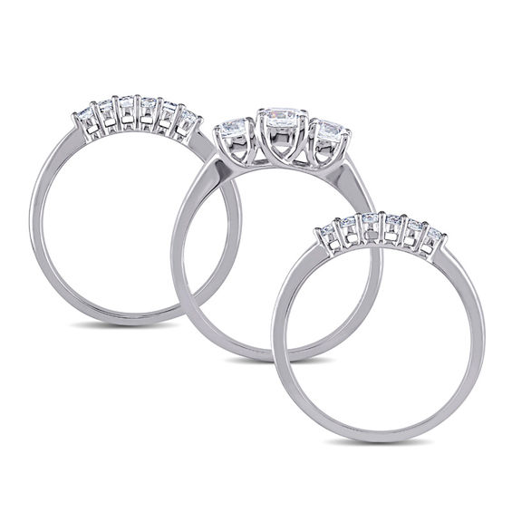 5.0mm Lab-Created White Sapphire Three Piece Bridal Set in 10K White Gold