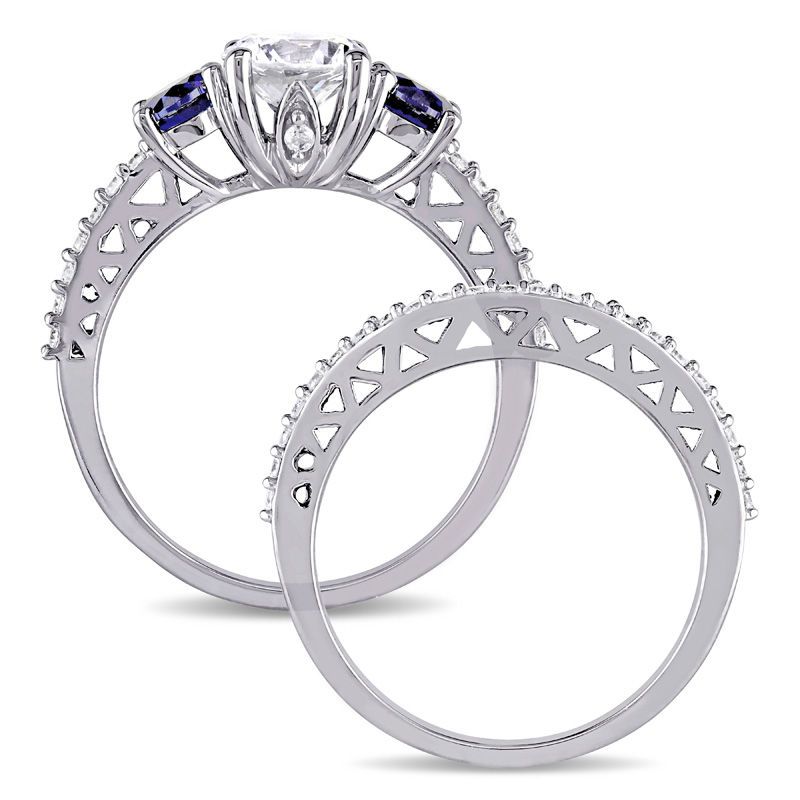 6.5mm Lab-Created White and Blue Sapphire with 0.35 CT. T.W. Diamond Three Stone Bridal Set in 10K White Gold|Peoples Jewellers