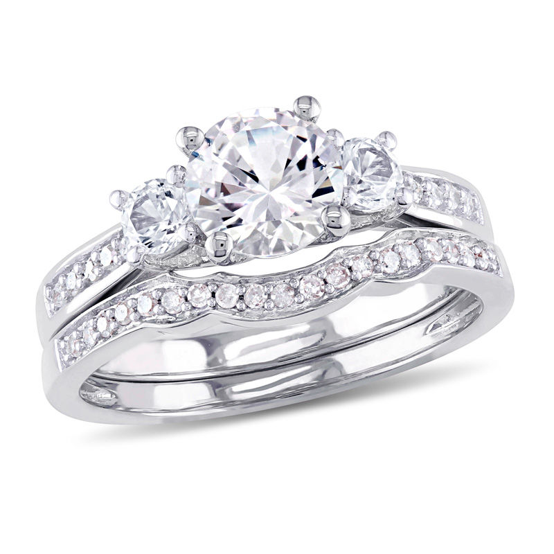 6.0mm Lab-Created White Sapphire and 0.14 CT. T.W. Diamond Three Stone Bridal Set in 10K White Gold|Peoples Jewellers
