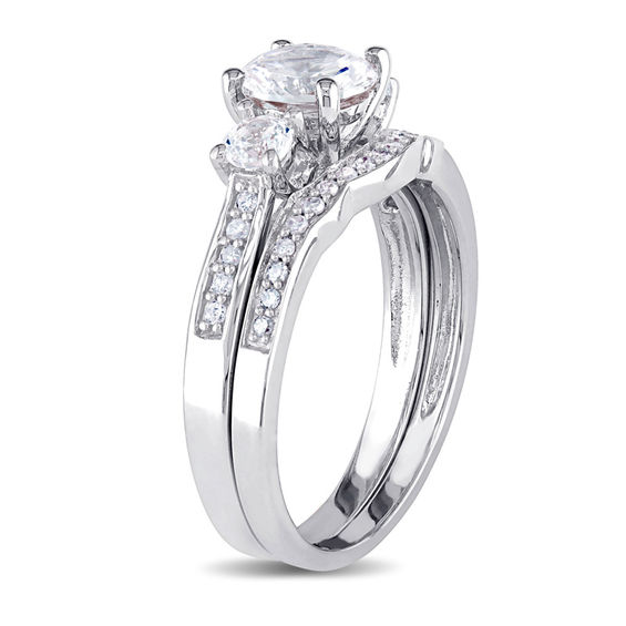 6.0mm Lab-Created White Sapphire and 0.14 CT. T.W. Diamond Three Stone Bridal Set in 10K White Gold