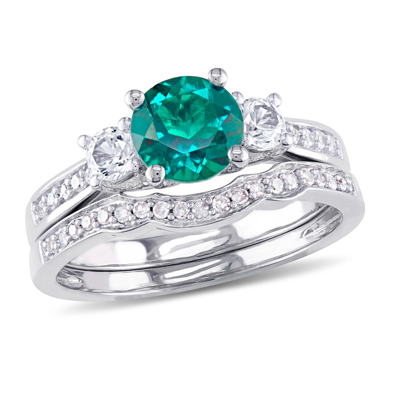 6.0mm Lab-Created Emerald and White Sapphire with 0.14 CT. T.W. Diamond Three Stone Bridal Set in 10K White Gold|Peoples Jewellers