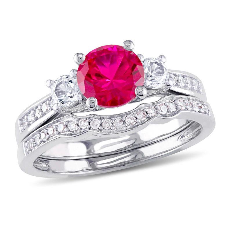 6.0mm Lab-Created Ruby and White Sapphire with 0.14 CT. T.W. Diamond Three Stone Bridal Set in 10K White Gold|Peoples Jewellers