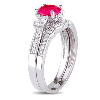 6.0mm Lab-Created Ruby and White Sapphire with 0.14 CT. T.W. Diamond Three Stone Bridal Set in 10K White Gold