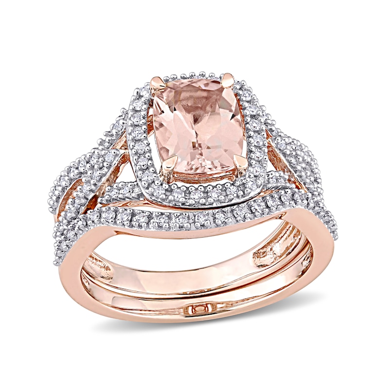 Cushion-Cut Morganite and 0.23 CT. T.W. Diamond Frame Bridal Set in 10K Rose Gold|Peoples Jewellers