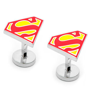 Men's DC Comics Superman Shield Enamel Cuff Links in White Rhodium Brass