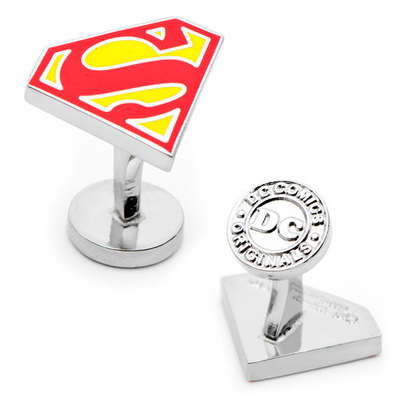 Men's DC Comics Superman Shield Enamel Cuff Links in White Rhodium Brass