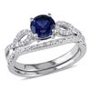 6.0mm Lab-Created Blue Sapphire and 0.14 CT. T.W. Diamond Twist Shank Bridal Set in 10K White Gold