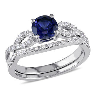 6.0mm Lab-Created Blue Sapphire and 0.14 CT. T.W. Diamond Twist Shank Bridal Set in 10K White Gold