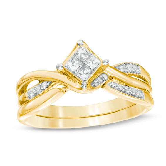 0.33 CT. T.W. Quad Princess-Cut Diamond Twist Bridal Set in 10K Gold