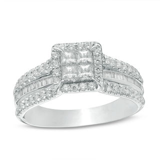 1.00 CT. T.W. Quad Princess-Cut Diamond Frame Multi-Row Engagement Ring in 14K White Gold