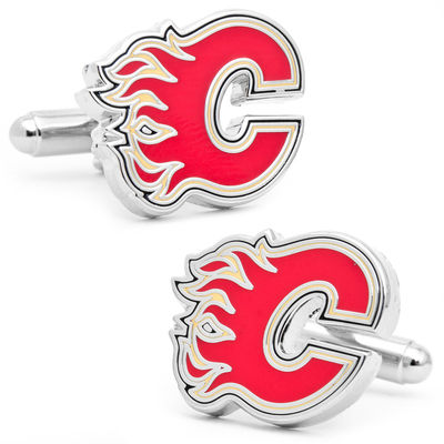 Men's NHL Calgary Flames Logo Enamel Cuff Links in White Rhodium Brass