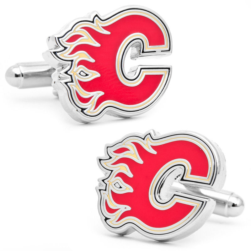 Men's NHL Calgary Flames Logo Enamel Cuff Links in White Rhodium Brass|Peoples Jewellers