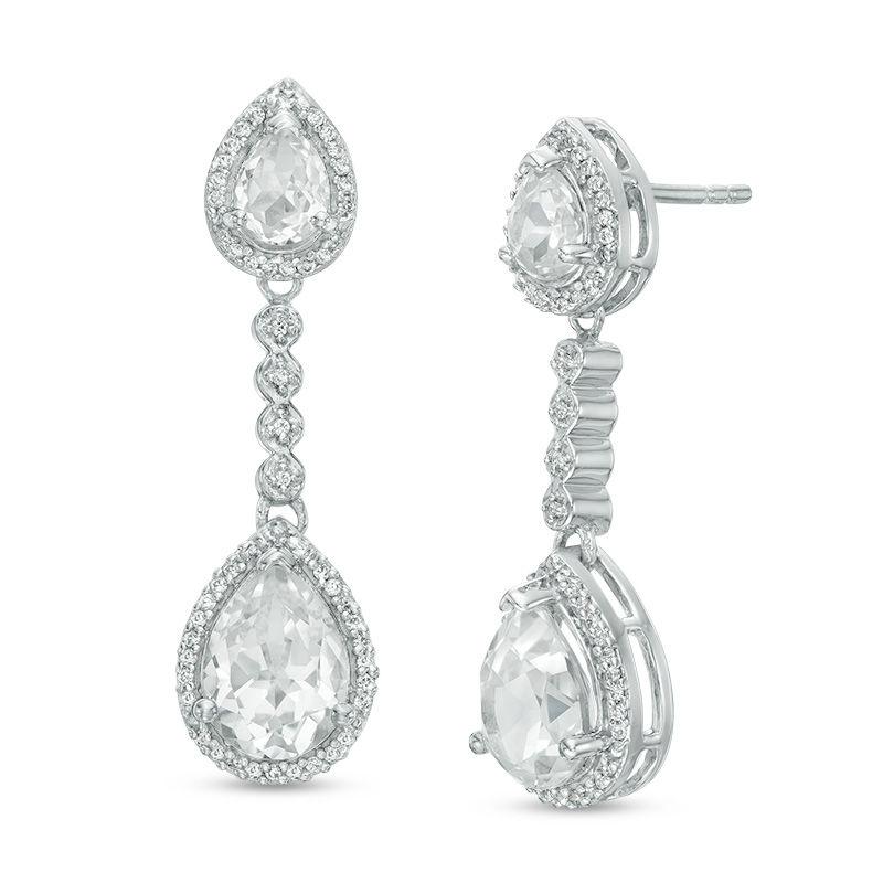 Pear-Shaped Lab-Created White Sapphire and 0.18 CT. T.W. Diamond Frame Drop Earrings in 10K White Gold|Peoples Jewellers