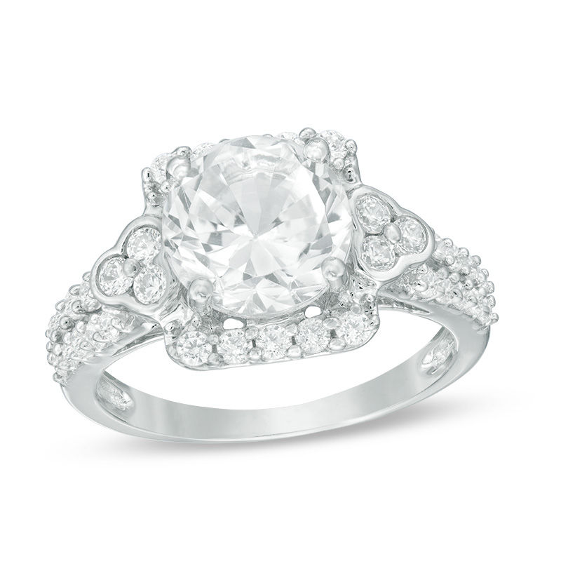 Lab-Created White Sapphire and 0.45 CT. T.W. Diamond Square Frame Tri-Sides Ring in 10K White Gold|Peoples Jewellers