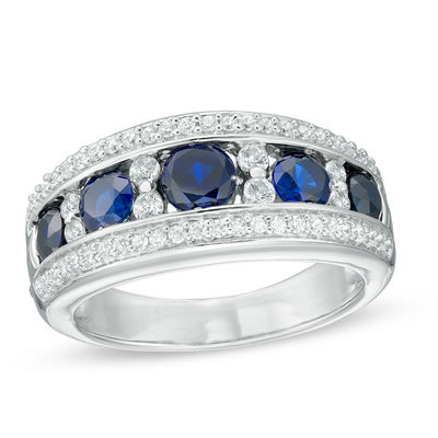 Lab-Created Blue and White Sapphire and 0.18 CT. T.W. Diamond Five Stone Band in Sterling Silver