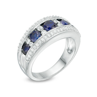 Lab-Created Blue and White Sapphire and 0.18 CT. T.W. Diamond Five Stone Band in Sterling Silver