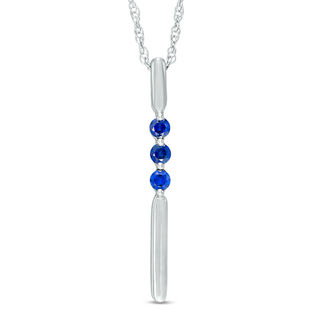 Lab-Created Blue Sapphire Linear Three Stone Bar Pendant in Sterling Silver