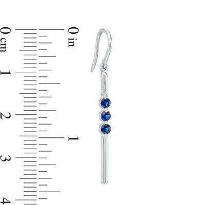 Lab-Created Blue Sapphire Three Stone Bar Drop Earrings in Sterling Silver