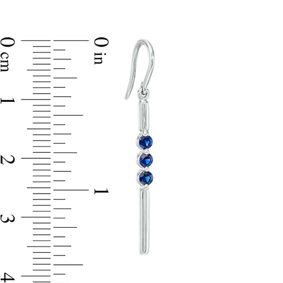 Lab-Created Blue Sapphire Three Stone Bar Drop Earrings in Sterling Silver