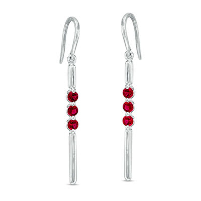 Lab-Created Ruby Three Stone Bar Drop Earrings in Sterling Silver