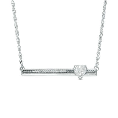 5.0mm Heart-Shaped Lab-Created Sapphire and Diamond Accent Bar Necklace in Sterling Silver