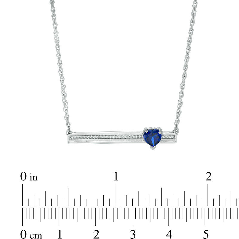 Main Image 2 of 5.0mm Heart-Shaped Lab-Created Blue Sapphire and Diamond Accent Bar Necklace in Sterling Silver