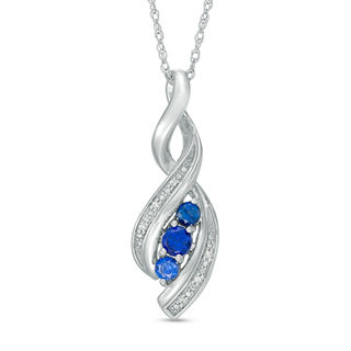 Lab-Created Blue Sapphire and Diamond Accent Cascading Three Stone Pendant in Sterling Silver