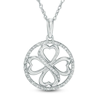 0.09 CT. T.W. Diamond Heart-Shaped Four Leaf Clover Circle Pendant in Sterling Silver