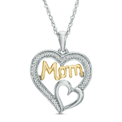 0.11 CT. T.W. Diamond "Mom" Double Heart Pendant in Sterling Silver and 10K Gold