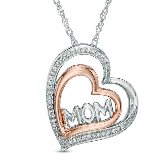 0.10 CT. T.W. Diamond "MOM" Tilted Double Heart Pendant in Sterling Silver and 10K Rose Gold