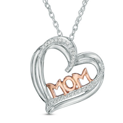 0.07 CT. T.W, Diamond "MOM" Heart Pendant in Sterling Silver and 10K Rose Gold