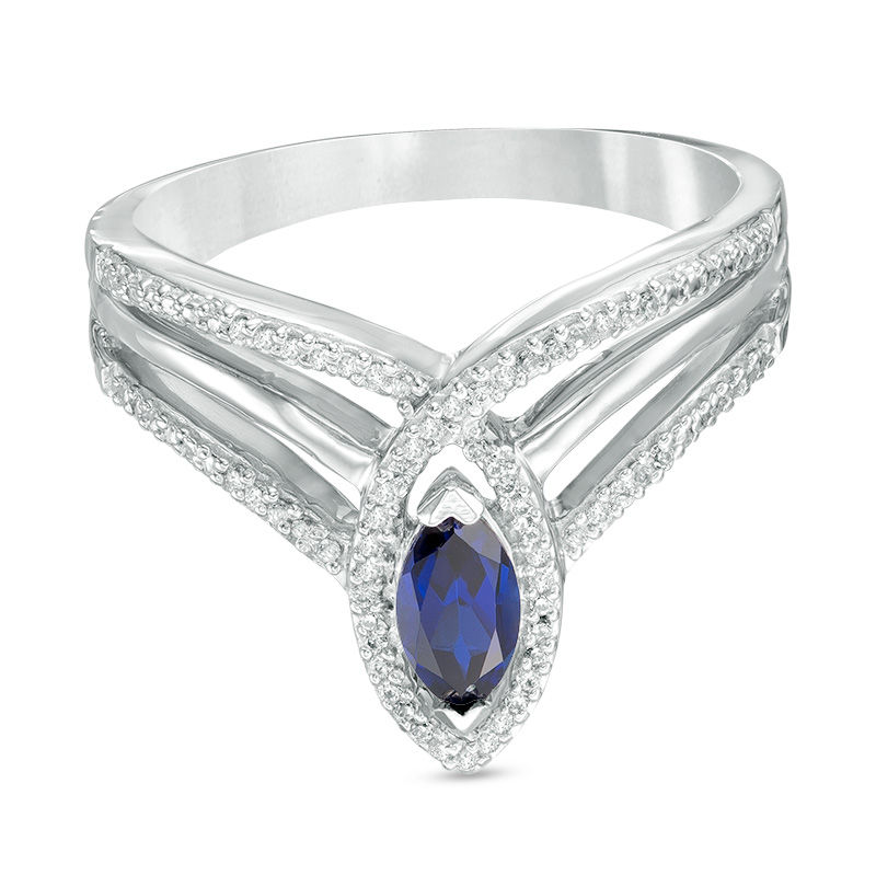 Marquise Lab-Created Blue Sapphire and 0.30 CT. T.W. Diamond Frame Triple Row Ring in Sterling Silver|Peoples Jewellers