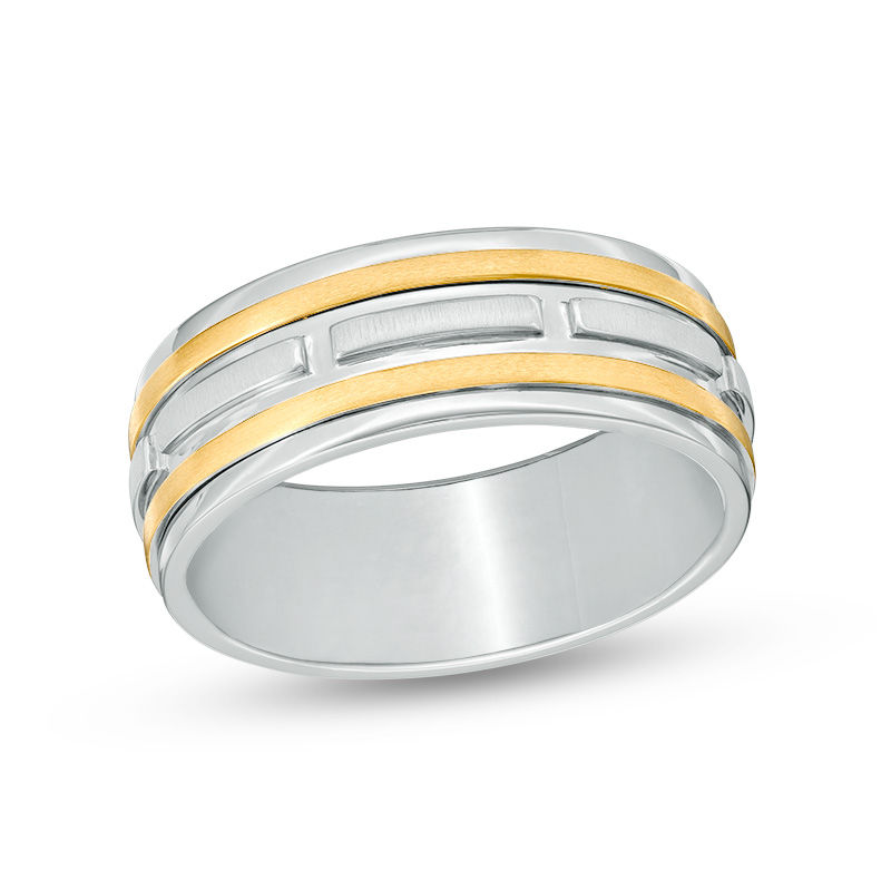 Men's 8.0mm Brick Patterned Comfort Fit Wedding Band in 14K Two-Tone Gold - Size 10|Peoples Jewellers