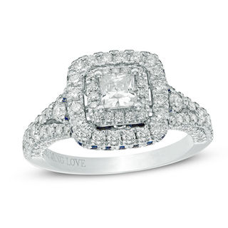 Vera Wang Love Collection 1.30 CT. T.W. Princess-Cut Diamond and Sapphire Frame Engagement Ring in 14K White Gold