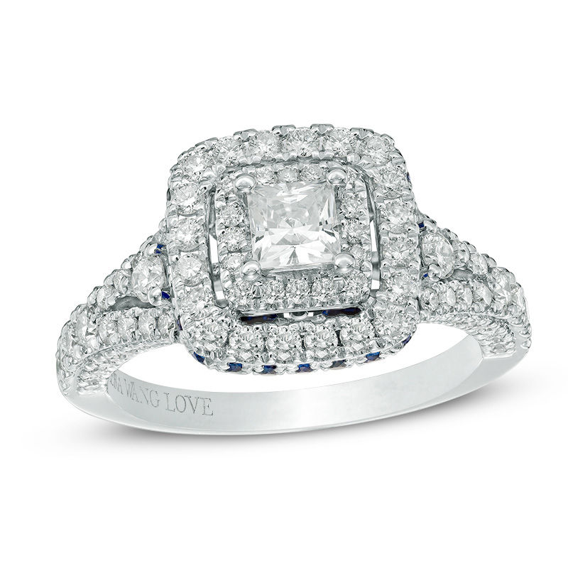 Vera Wang Love Collection 1.30 CT. T.W. Princess-Cut Diamond and Sapphire Frame Engagement Ring in 14K White Gold