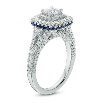 Vera Wang Love Collection 1.30 CT. T.W. Princess-Cut Diamond and Sapphire Frame Engagement Ring in 14K White Gold