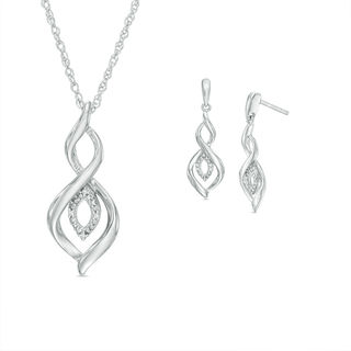 Diamond Accent Marquise Flame Twist Pendant and Drop Earrings Set in Sterling Silver