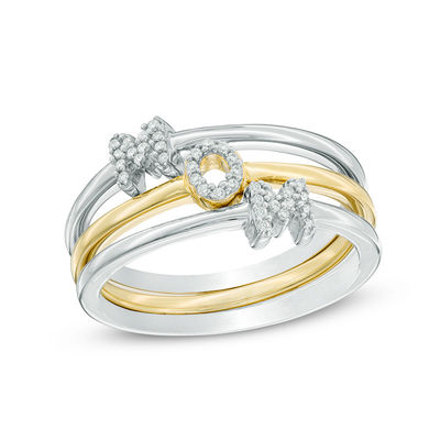 Diamond Accent "MOM" Three Piece Stackable Ring Set in Sterling Silver and 10K Gold