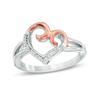 Diamond Accent Swirl Heart Ring in Sterling Silver and 10K Rose Gold