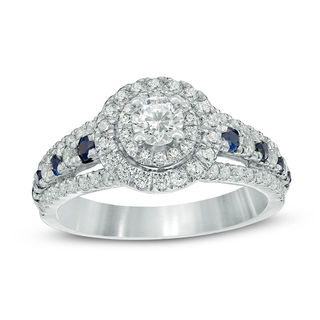 Vera Wang Love Collection 0.80 CT. T.W. Diamond and Blue Sapphire Double Frame Engagement Ring in 14K White Gold