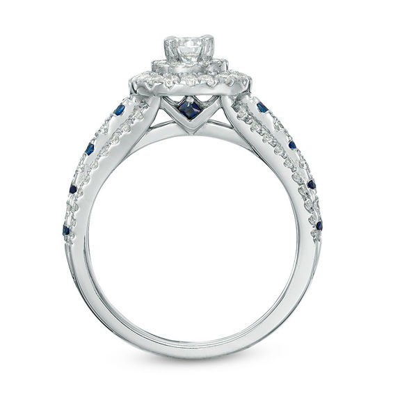 Vera Wang Love Collection 0.80 CT. T.W. Diamond and Blue Sapphire Double Frame Engagement Ring in 14K White Gold