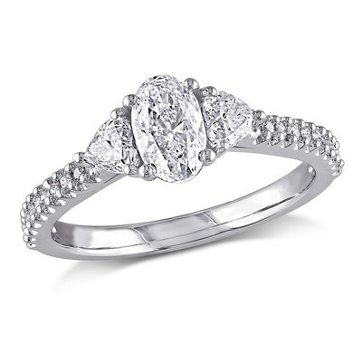 1.09 CT. T.W. Oval Diamond Three Stone Engagement Ring in 14K White Gold