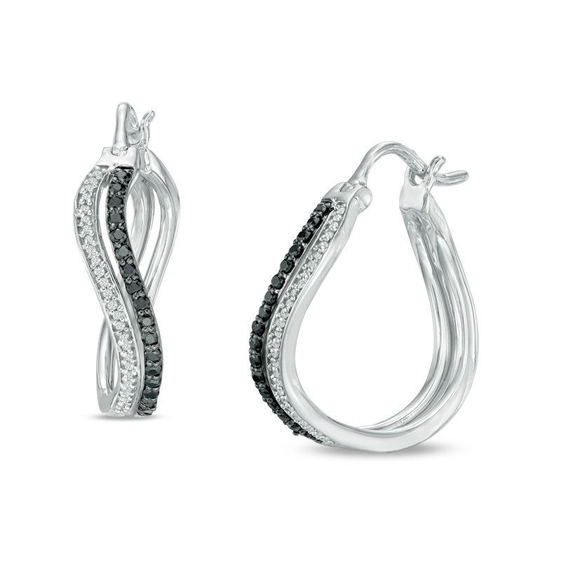 0.37 CT. T.W. Enhanced Black and White Diamond Wavy Twist Hoop Earrings in Sterling Silver|Peoples Jewellers