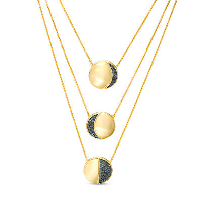 0.18 CT. T.W. Black Diamond Moon Triple Strand Necklace in Sterling Silver and 14K Gold Plate - 28"